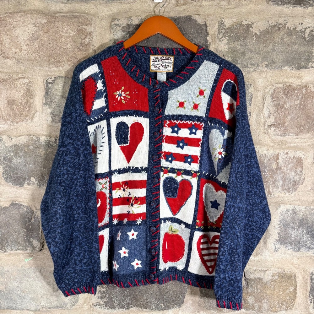 VTG Heirloom Collectibles Patriotic Patchwork Cardigan Sweater L Red White Blue